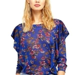 Free People‎ Dock Street Blue Floral Ruffled Business Workwear  Blouse Small